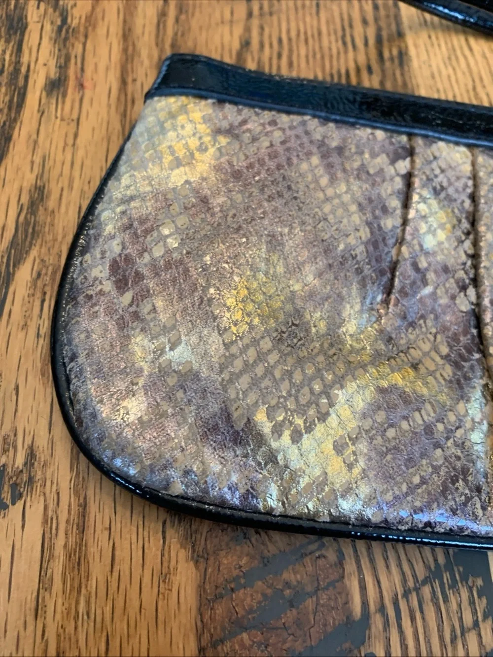 Wilson's Leather Zip Bag Pouch Wristlet Snakeskin Beige Black Gold Copper Foil
